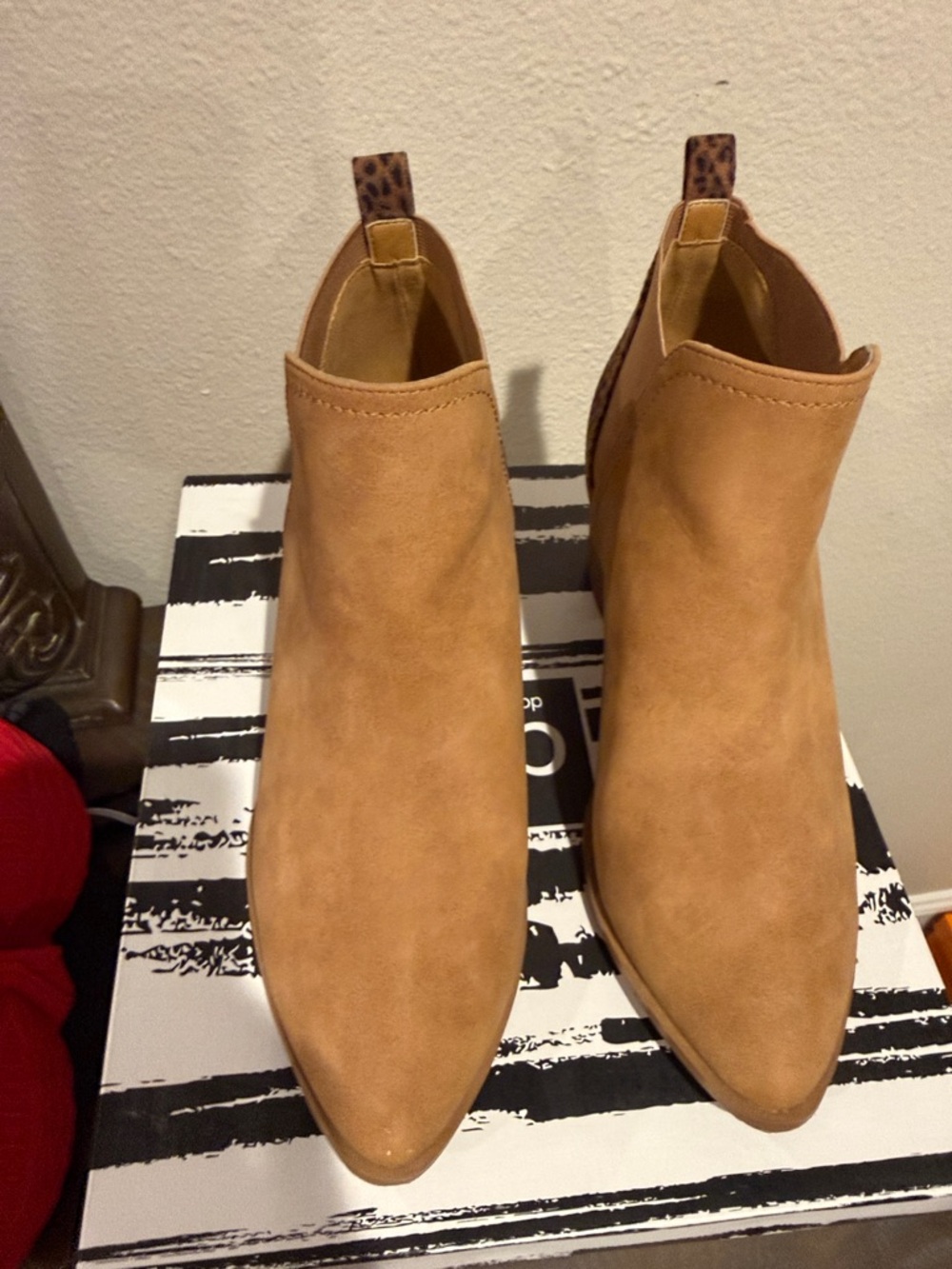 Dolce Vita Tan Suede Pointed Ankle Booties with Leopard Heel Tab